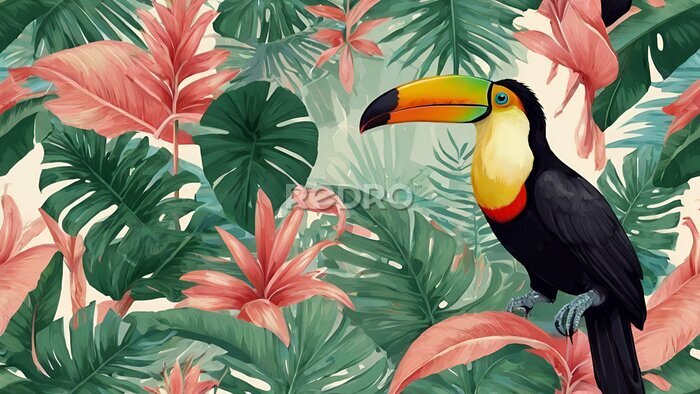 Papier peint  Opalizing pastel tropical jungle background with a toucan bird, strelitzia flower and green leaves. generative.ai