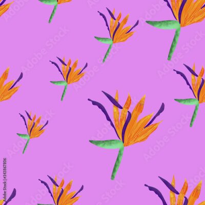 Papier peint  Orange and violet strelitzia on pink background. Tropical flower print. Seamless pattern. Packaging, wallpaper, textile, fabric design