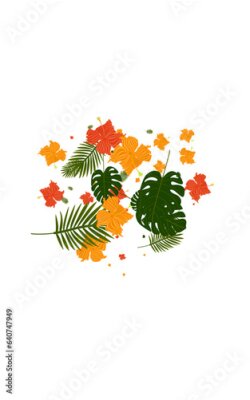 Papier peint  Orange Strelitzia Background White Vector. Philodendron Forest Frame. Red Plant. Color Backdrop. Green Hawaii Design.