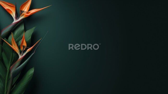 Papier peint  orange strelitzia Bird of Paradise plant flower on dark green minimal background with copy space right