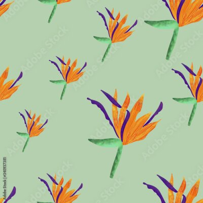 Papier peint  Orange strelitzia illustration on green background. Seamless pattern. Tropical flower. Summer exotic print. Packaging, wallpaper, textile design