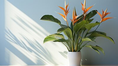 Papier peint  Orange strelitzia in a pot. Tropical flowers. Let the wall