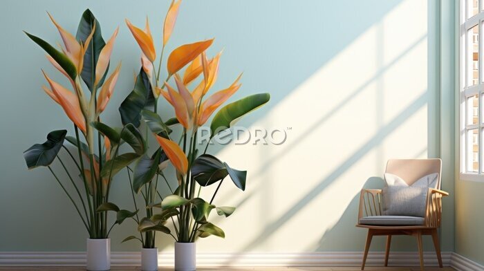 Papier peint  Orange strelitzia in a pot. Tropical flowers. Let the wall