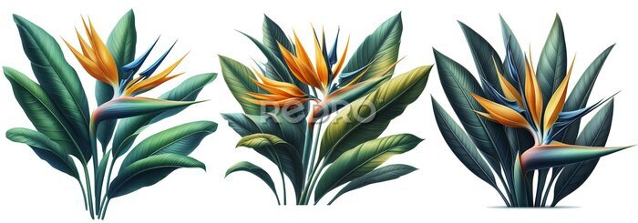 Papier peint  Orange Strelitzia reginae. Red Heliconia bihai. Floral botanical flower. Wild leaf wildflower isolated. Exotic tropical hawaiian jungle. Isolated illustration element.