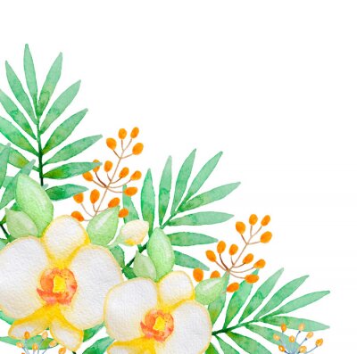 Papier peint  Orchidées blanches aquarelle et feuilles vertes