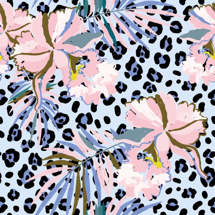 Papier peint  Orchidées et feuilles de palmier colorées