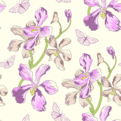 Papier peint  Orchidées mauves et papillons