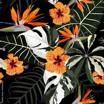 Papier peint  Original seamless tropical pattern with bright leaves and orange hibiscus strelitzia flowers background. Modern abstract design for fabric, paper, interior décor. Hawaiian style.
