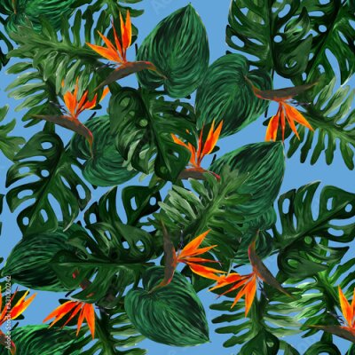 Papier peint  Original seamless tropical pattern with Strelitzia and leaves on blue background. Seamless pattern with colorful leaves of colocasia, filodendron, monstera. Exotic wallpaper. Hawaiian style