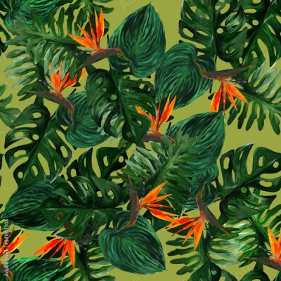 Papier peint  Original seamless tropical pattern with Strelitzia and leaves on light green background. Seamless pattern with colorful leaves of colocasia, filodendron, monstera. Exotic wallpaper. Hawaiian style