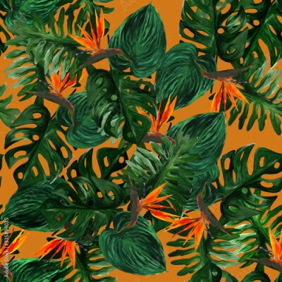 Papier peint  Original seamless tropical pattern with Strelitzia and leaves on lush lava background. Seamless pattern with colorful leaves of colocasia, filodendron, monstera. Exotic wallpaper. Hawaiian style