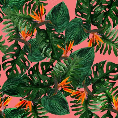 Papier peint  Original seamless tropical pattern with Strelitzia  and leaves on pink  background. Seamless pattern with colorful leaves of colocasia, filodendron, monstera. Exotic wallpaper. Hawaiian style