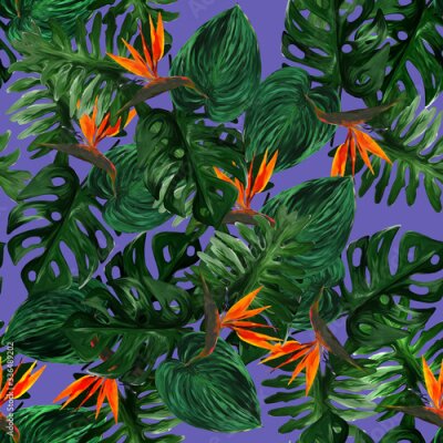 Papier peint  Original seamless tropical pattern with Strelitzia and leaves on purple background. Seamless pattern with colorful leaves of colocasia, filodendron, monstera. Exotic wallpaper. Hawaiian style