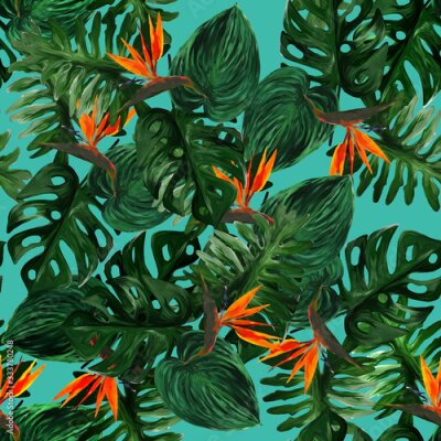 Papier peint  Original seamless tropical pattern with Strelitzia and leaves on turquoise background. Seamless pattern with colorful leaves of colocasia, filodendron, monstera. Exotic wallpaper. Hawaiian style