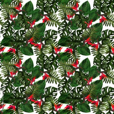 Papier peint  Original seamless tropical pattern with Strelitzia and leaves on white background. Seamless pattern with colorful leaves of colocasia, filodendron, monstera. Exotic wallpaper. Hawaiian style