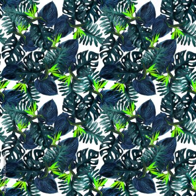 Papier peint  Original seamless tropical pattern with Strelitzia and leaves on white background. Seamless pattern with colorful leaves of colocasia, filodendron, monstera. Exotic wallpaper. Hawaiian style.
