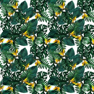 Papier peint  Original seamless tropical pattern with Strelitzia and leaves on white background. Seamless pattern with colorful leaves of colocasia, filodendron, monstera. Exotic wallpaper. Hawaiian style