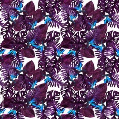Papier peint  Original seamless tropical pattern with Strelitzia and purple leaves on white background. Seamless pattern with colorful leaves of colocasia, filodendron, monstera. Exotic wallpaper. Hawaiian style
