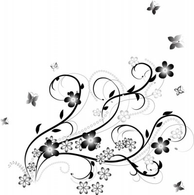 Papier peint  Ornement noir avec fleurs et papillons
