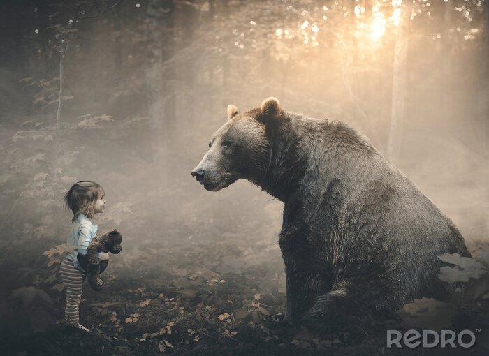 Papier peint  Ours et petite fille dans la forêt