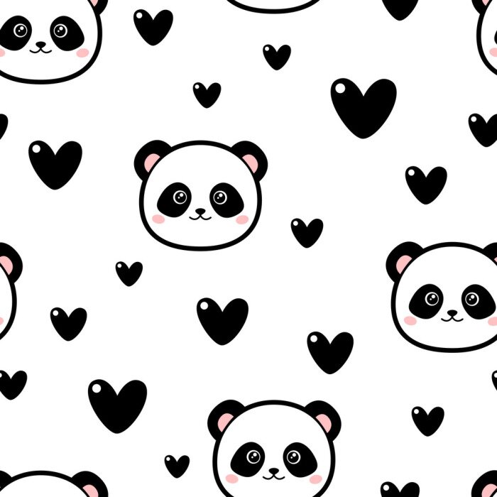 Papier peint  Ours panda parmi les coeurs sur fond blanc