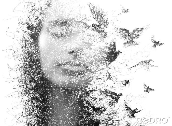 Papier peint  Paintography. Double Exposure portrait of an elegant woman with closed eyes combined with hand made pencil drawing of a flock of birds flying freely resembling disintegrating particles of her being