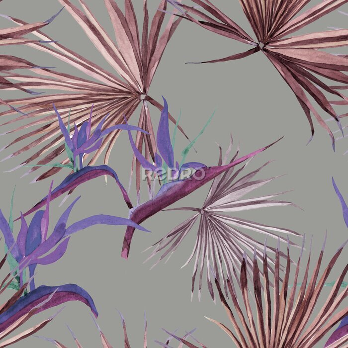 Papier peint  Palm leaves and strelitzia flowers on grey background seamless pattern for all prints.