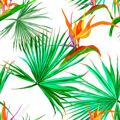 Papier peint  Palm leaves and strelitzia flowers watercolor on white background seamless pattern for all prints.