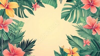 Papier peint  Palm leaves, strelitzia, orchids, hibiscus create a tropical border with a central space for summer text