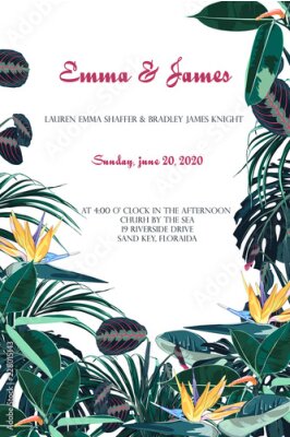 Papier peint  Palmier jungle tropicale feuilles avec des fleurs exotiques de strelitzia sur fond blanc. Espace réservé au texte au milieu. Invitation d'événement de mariage mariage.