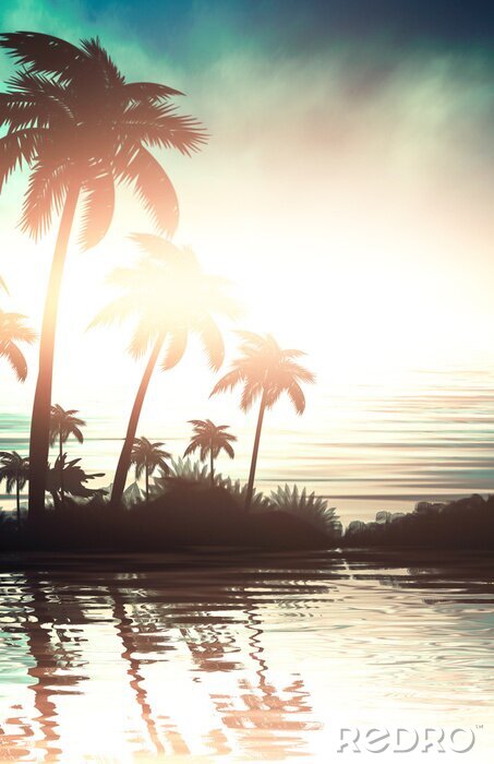 Papier peint  Palmiers au coucher du soleil sur l'eau