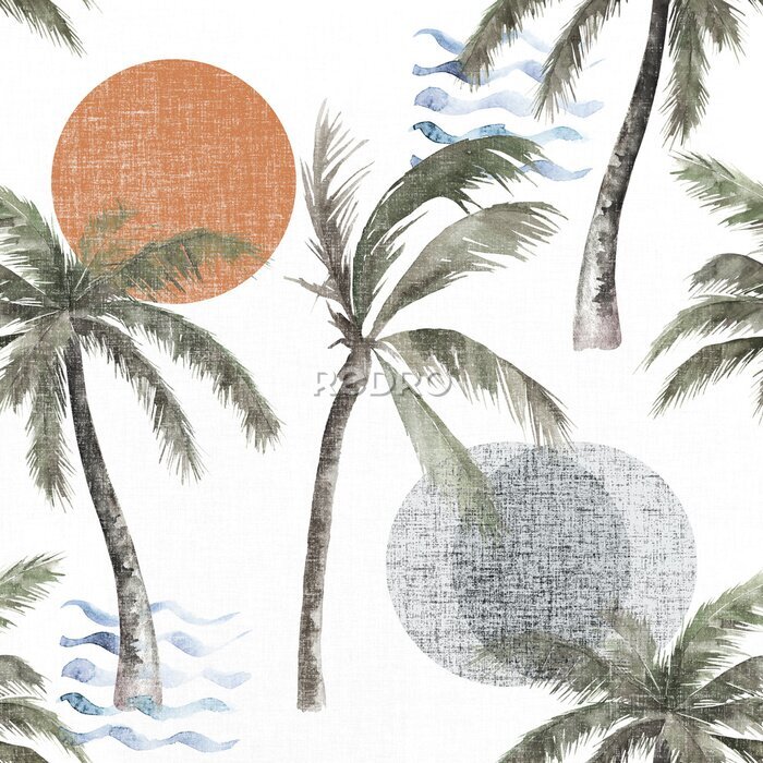Papier peint  Palmiers tropicaux et soleil peints à l'aquarelle