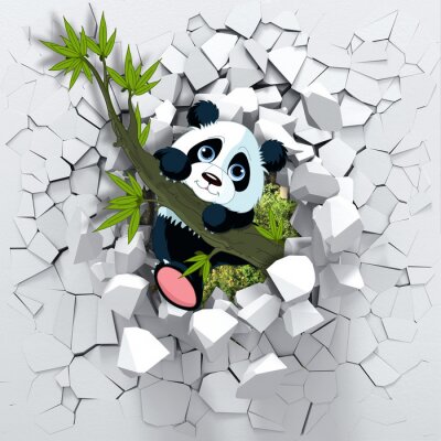 Panda sur une branche perçant le mur