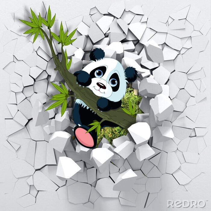 Papier peint  Panda sur une branche perçant le mur