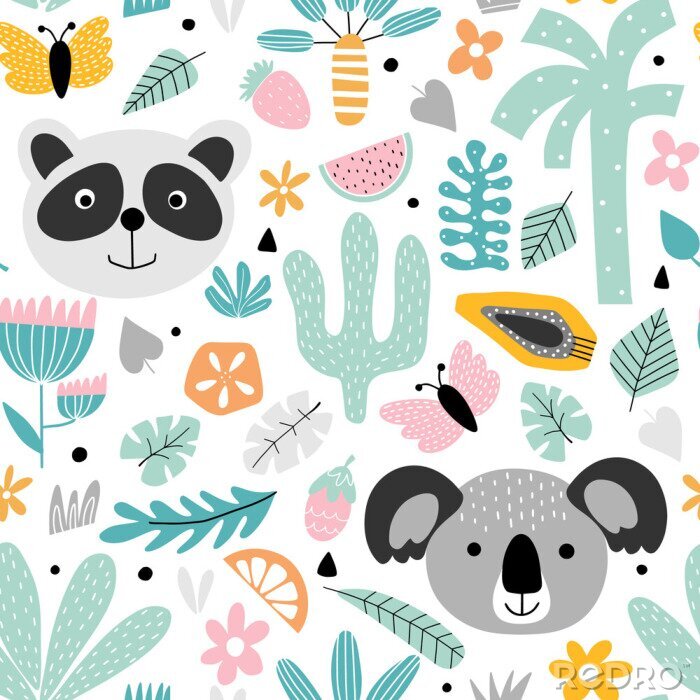 Papier peint  Pandas et koalas parmi les plantes exotiques