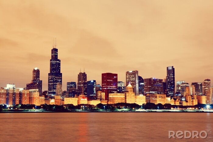 Papier peint  Panorama Chicago de nuit vintage