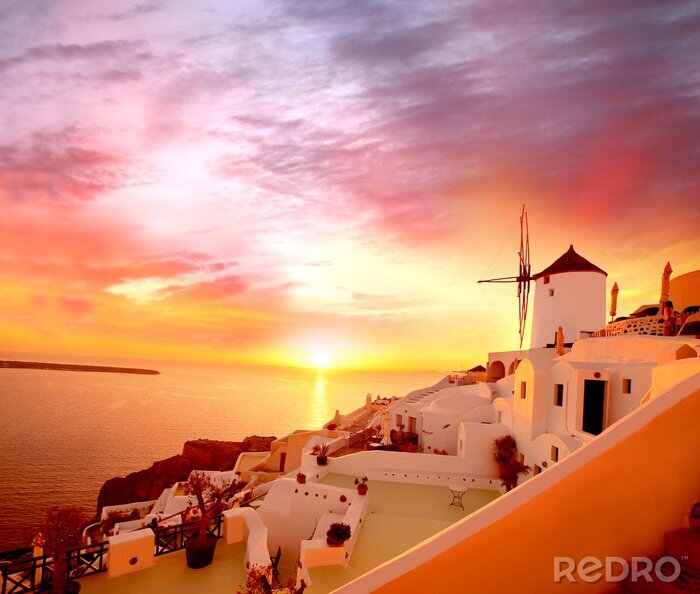 Papier peint  Panorama coucher du soleil à Santorini