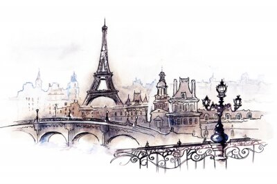 Papier peint  Panorama de Paris dessiné à la main avec la Tour Eiffel