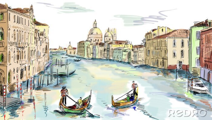 Papier peint  Panorama de Venise croquis en couleurs