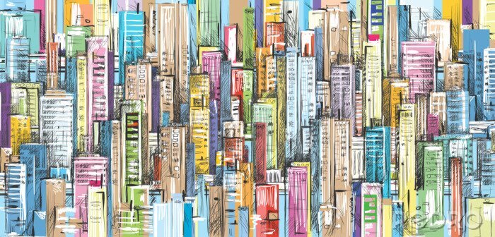 Papier peint  Panorama de ville peint aux crayons de couleur