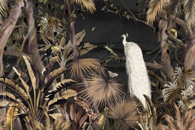 Papier peint  Paon Blanc Parmi les Plantes Tropicales dans la Jungle
