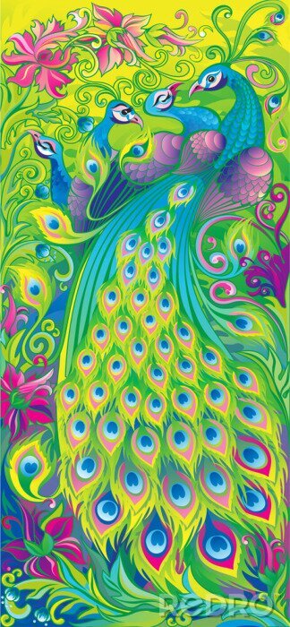 Papier peint  Paons avec des queues colorées