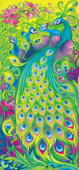 Papier peint  Paons avec des queues colorées