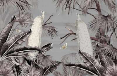 Papier peint  Paons Blancs Parmi les Palmiers, Paysage Tropical