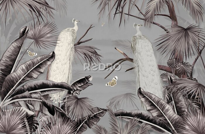 Papier peint  Paons Blancs Parmi les Palmiers, Paysage Tropical