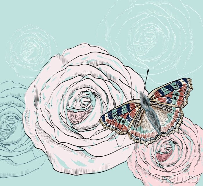 Papier peint  Papillon brun et roses