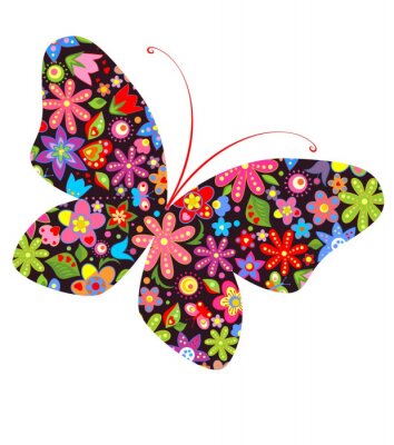 Papier peint  Papillon et fleurs colorées