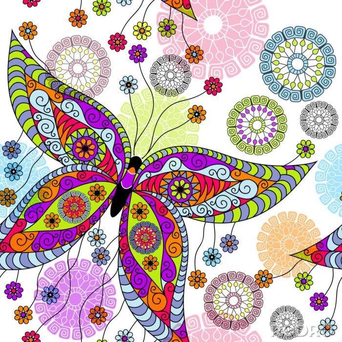 Papier peint  Papillon et fleurs style éthno
