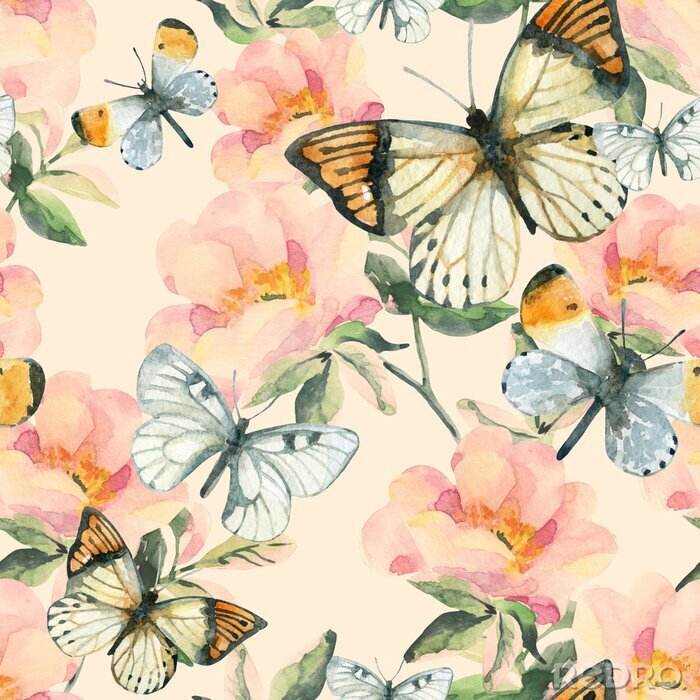 Papier peint  Papillon sur une fleur aux couleurs pastel