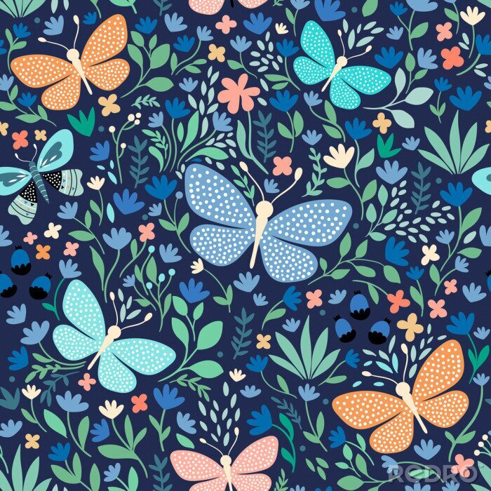 Papier peint  Papillons à pois et fleurs colorées